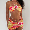 Women's 3 Piece Swimsuit Floral Halter Bikini Set Beach Vacation Bathing Suit with Drawstring Cover Up Skirt
