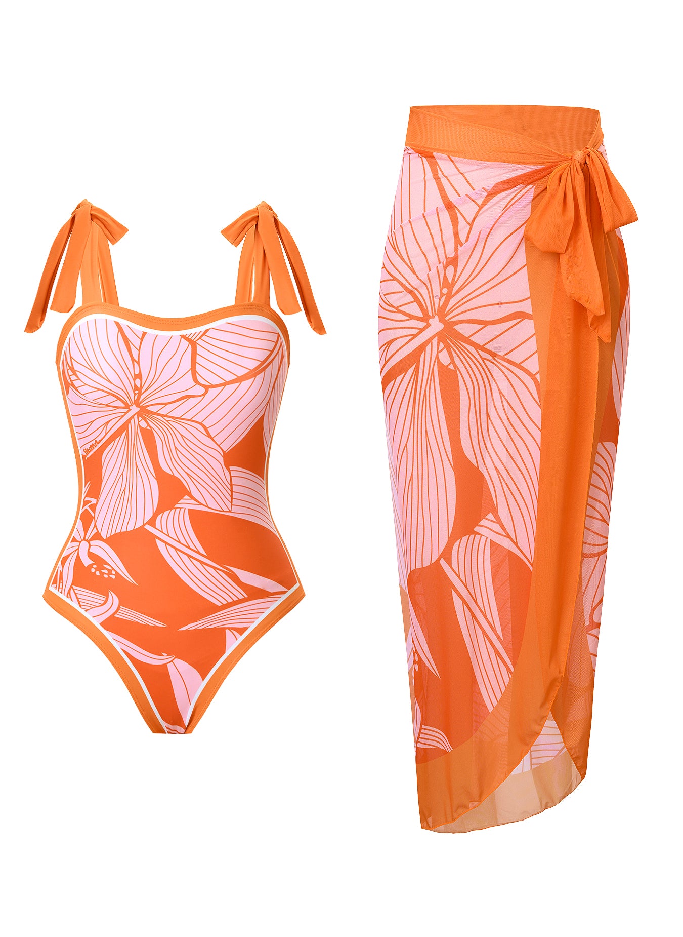 Women's One Piece Swimsuit with Beach Cover up Wrap Skirt Sarong Retro Floral Print Bikini Set Two Piece Bathing Suits