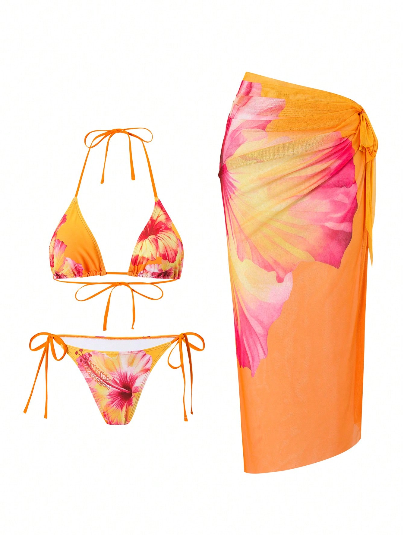 Women's 3 Piece Swimsuits Floral Bikini Sets Sexy Bathing Suit with Beach Cover Up Skirt