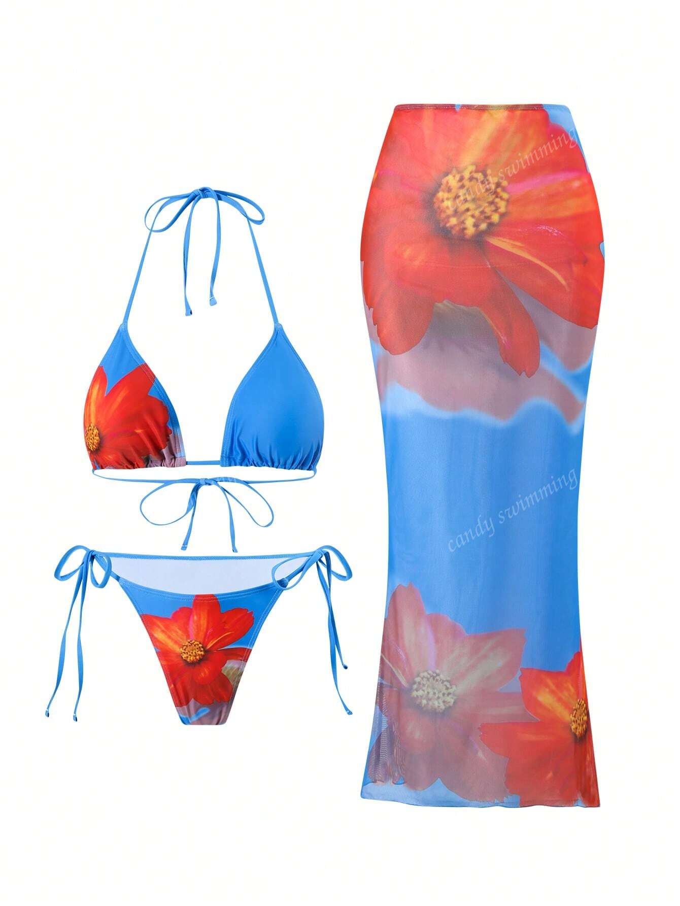 3 Piece Bikini Sets for Women Sexy Triangle Swimsuit O-Ring Bathing Suit Cover Up Long Skirt Beachwear Resort Outfit