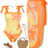 One Piece Bathing Suit for Women with Beach Cover up Wrap Skirt Swimsuit Sarong Retro Floral Print Bikini Set