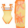 One Piece Bathing Suit for Women with Beach Cover up Wrap Skirt Swimsuit Sarong Retro Floral Print Bikini Set