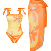 One Piece Bathing Suit for Women with Beach Cover up Wrap Skirt Swimsuit Sarong Retro Floral Print Bikini Set