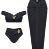 3 Piece Swimsuits for Women Sexy Summer Gold Off-Shoulder Bikini Sets Cover Up Skirt Bathing Suit