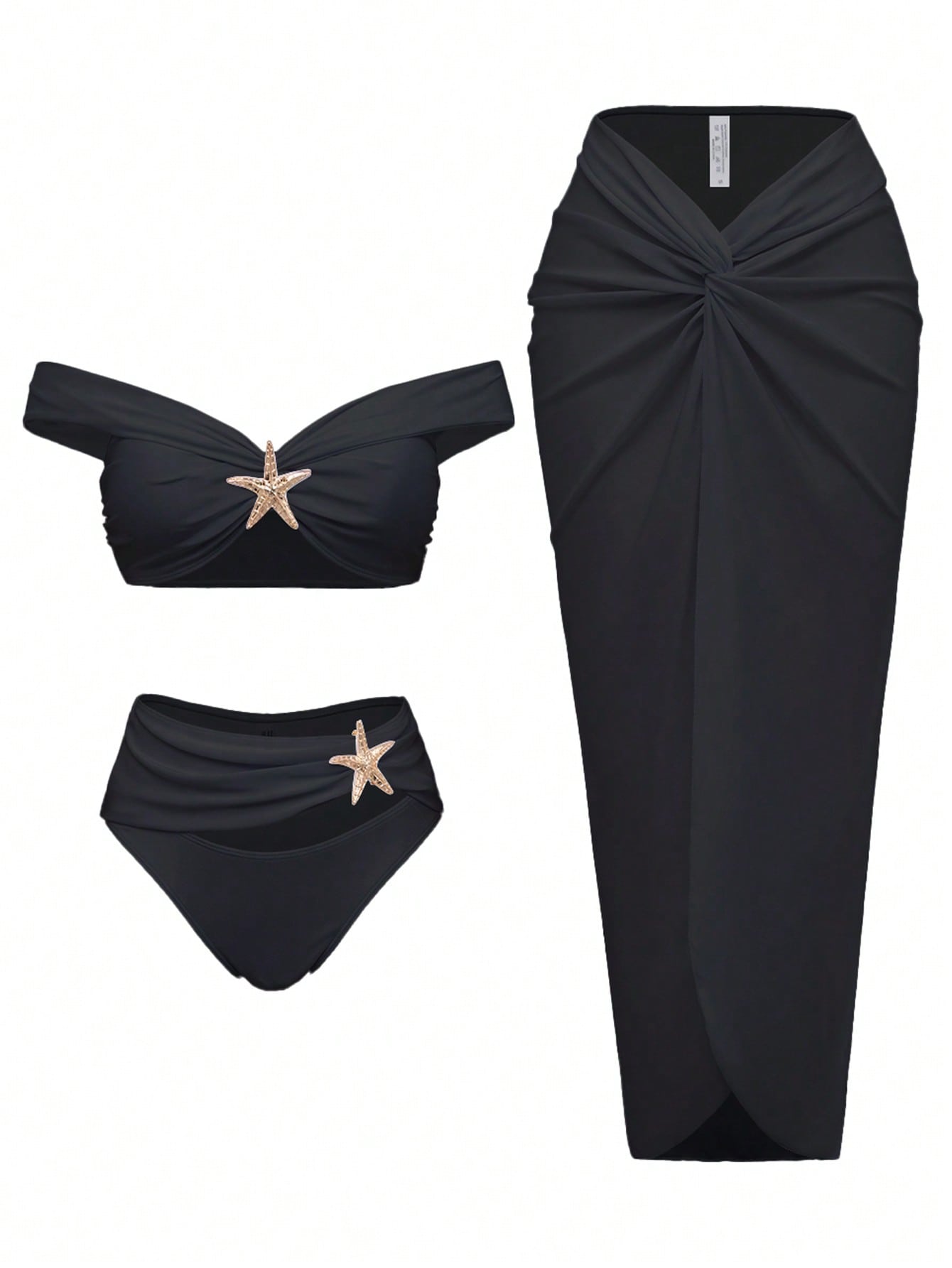 3 Piece Swimsuits for Women Sexy Summer Gold Off-Shoulder Bikini Sets Cover Up Skirt Bathing Suit
