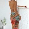 Womens 3pcs Swimsuit Floral Halter Triangle Bikini Top Tie Side Bottom with Long Sheer Cover Up Skirt