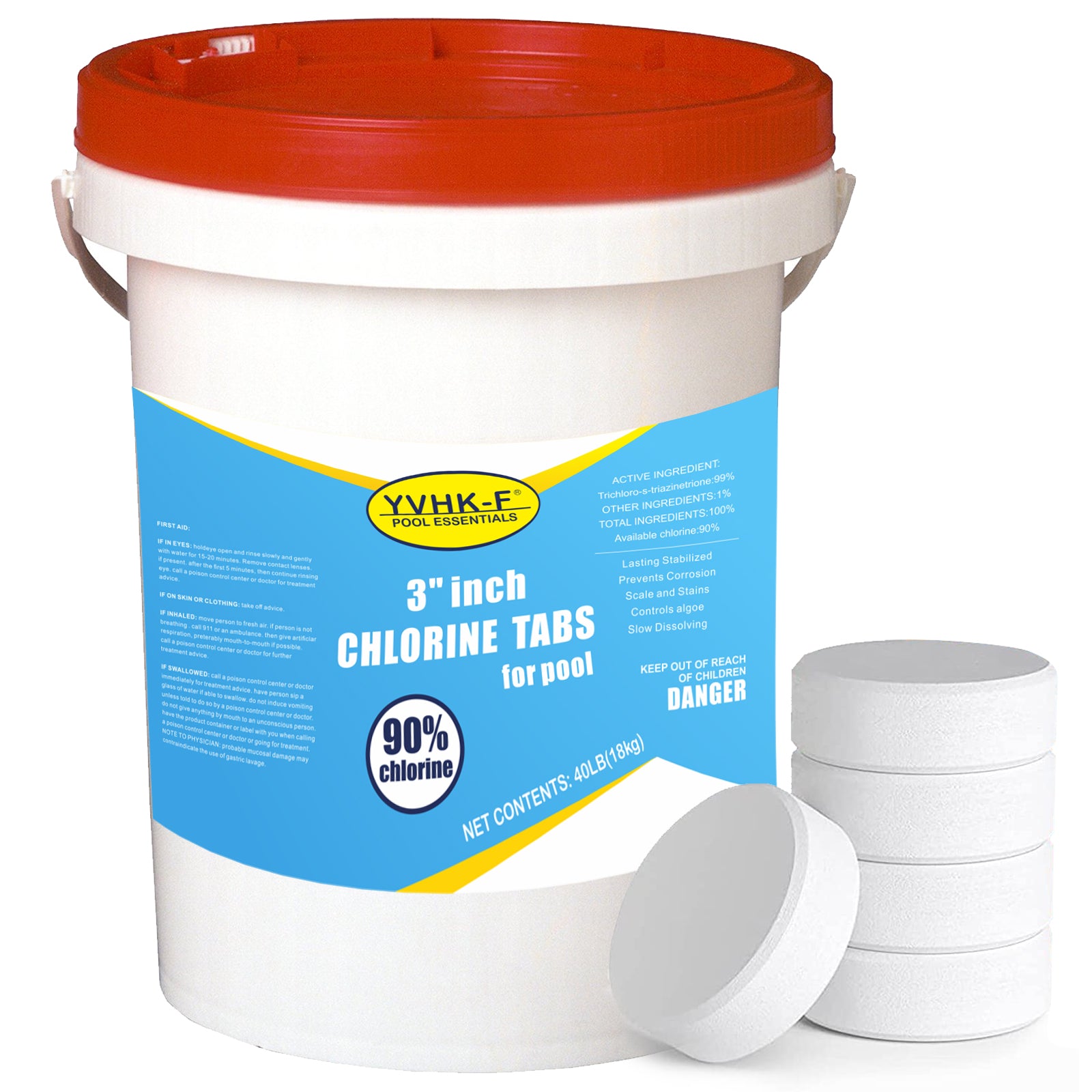 40 lbs 3 Inch Stabilized Chlorine Tablets for Sanitizing Swimming Pools, Slow Dissolving 90% available chlorine