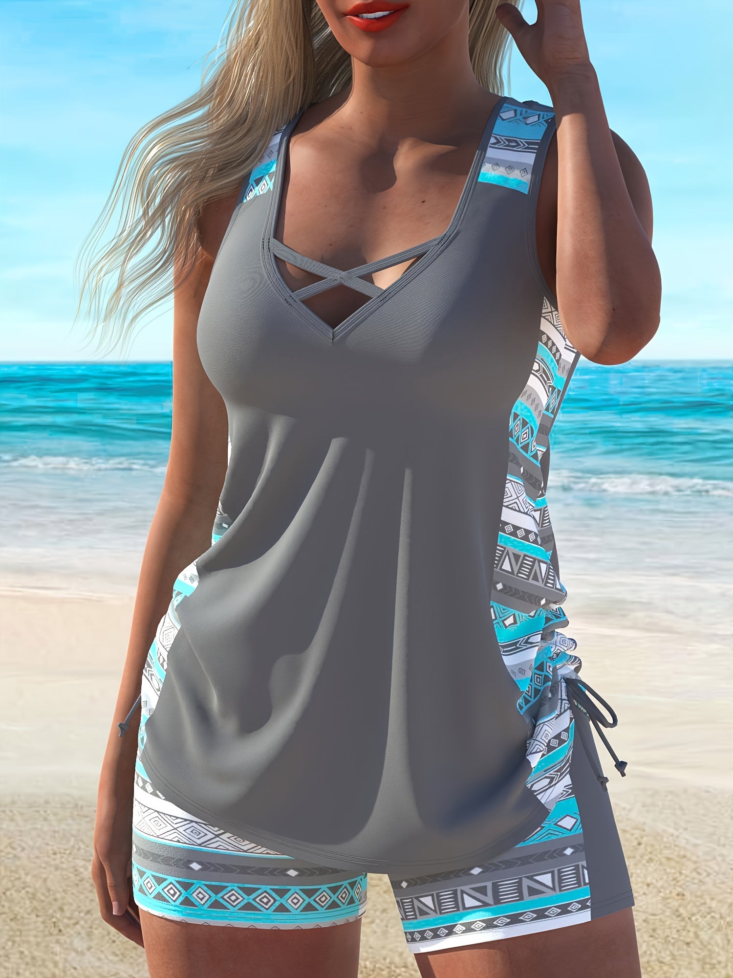 Women Two Piece Tankini Swimsuit Tummy Control Plus Size Long Torso Top and High Waisted Boyshorts Bathing Suits