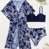 3 Piece Swimsuits for Women Sexy Leaf Print Bikini Set Mesh Cover Up Tropical Swimsuits