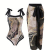 One Piece Bathing Suit for Women with Beach Cover up Wrap Skirt Swimsuit Sarong Retro Floral Print Bikini Set