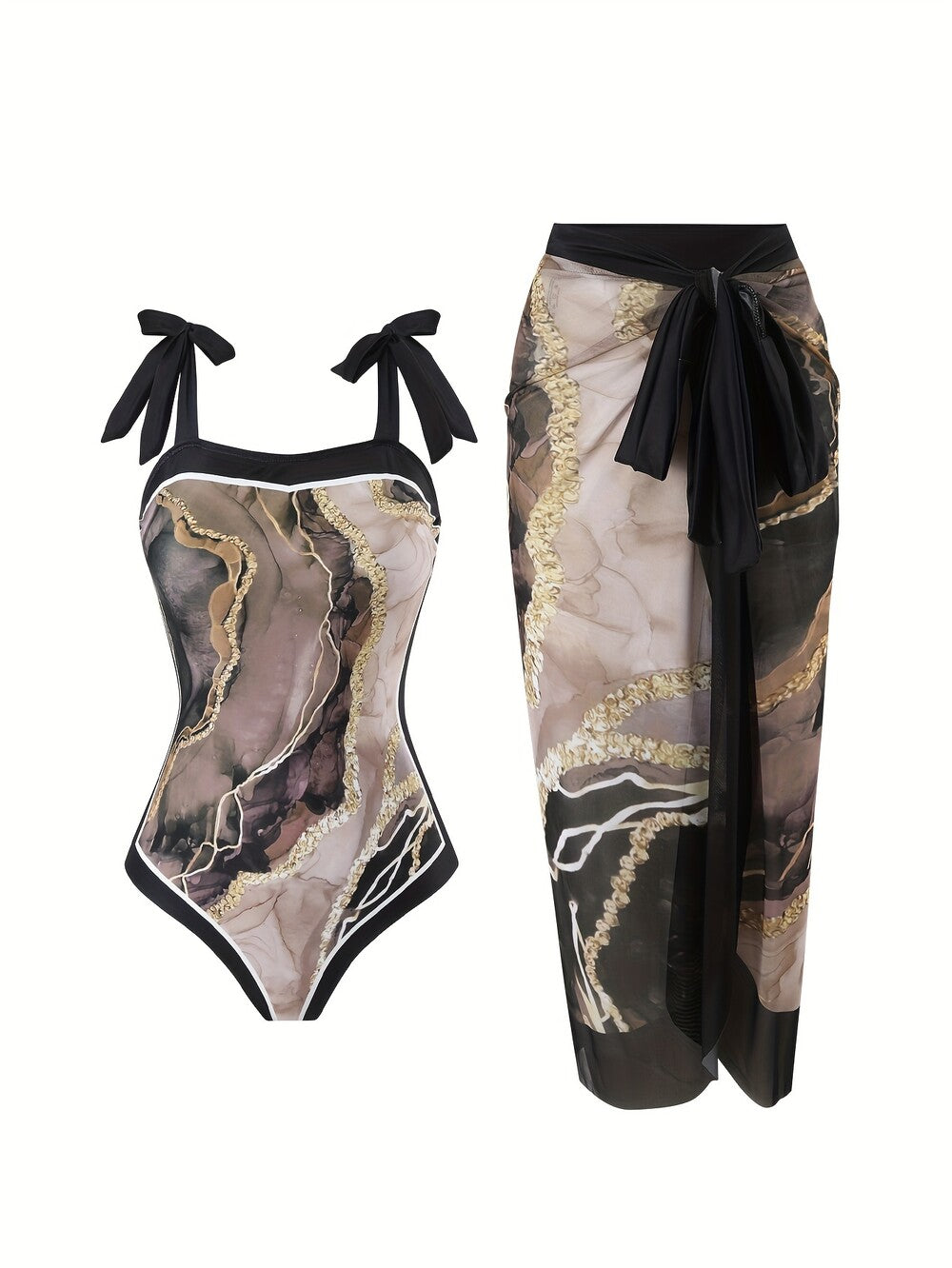 One Piece Bathing Suit for Women with Beach Cover up Wrap Skirt Swimsuit Sarong Retro Floral Print Bikini Set