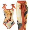 One Piece Bathing Suit for Women with Beach Cover up Wrap Skirt Swimsuit Sarong Retro Floral Print Bikini Set