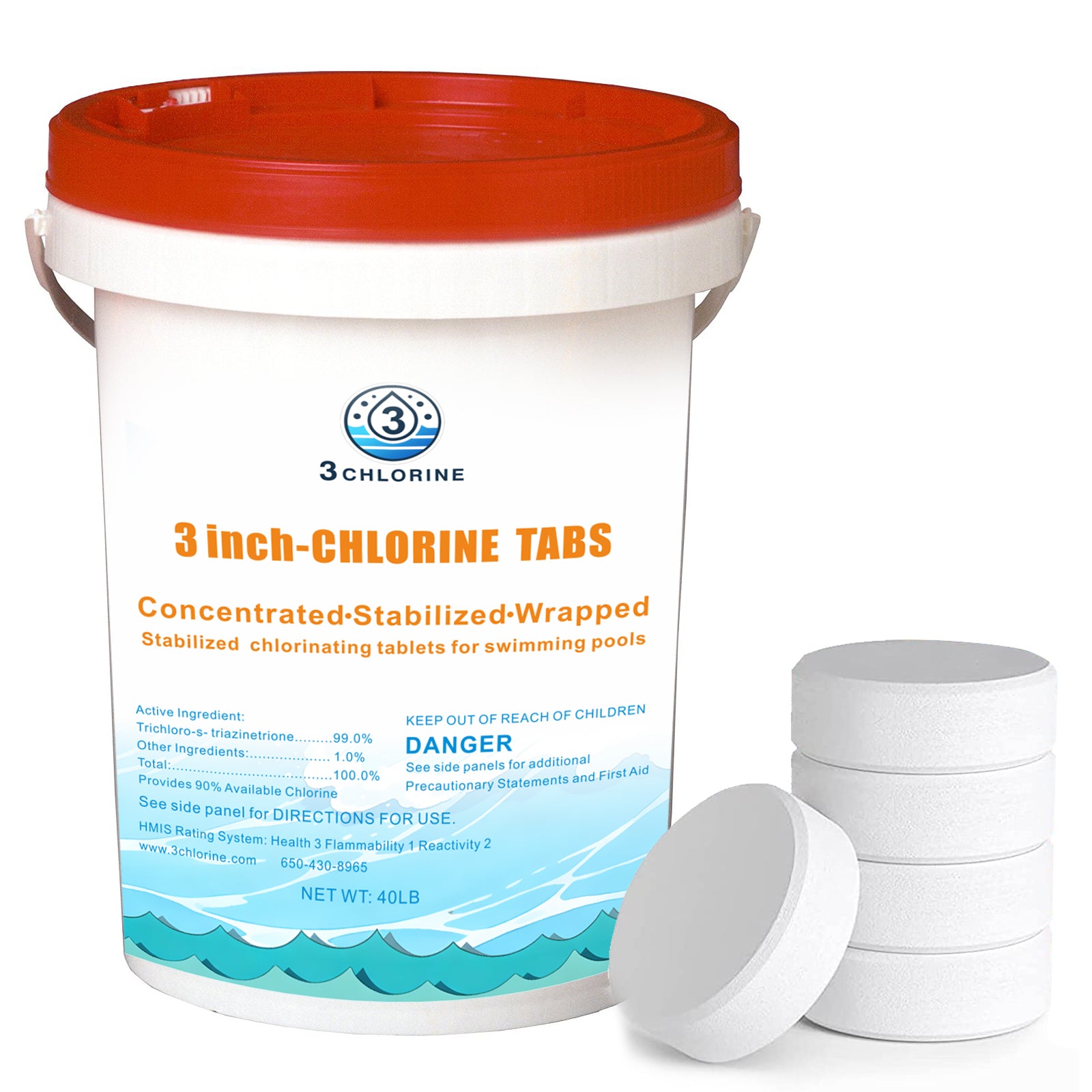 40 lbs 3 Inch Stabilized Chlorine Tablets for Sanitizing Swimming Pools, Slow Dissolving 90% available chlorine