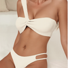 Women's 3 Piece One Shoulder Textured High Cut Bikini Set with Tie Side Cover Ups