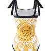 Women's One Piece Swimsuit with Beach Cover up Wrap Skirt Sarong Retro Floral Print Bikini Set Two Piece Bathing Suit