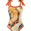One Piece Bathing Suit for Women with Beach Cover up Wrap Skirt Swimsuit Sarong Retro Floral Print Bikini Set