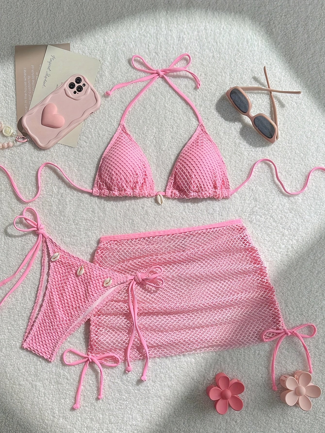 Women 3 Piece Swimsuits - Sexy Triangle Bikini Sets with Cover Up Halter String Suits