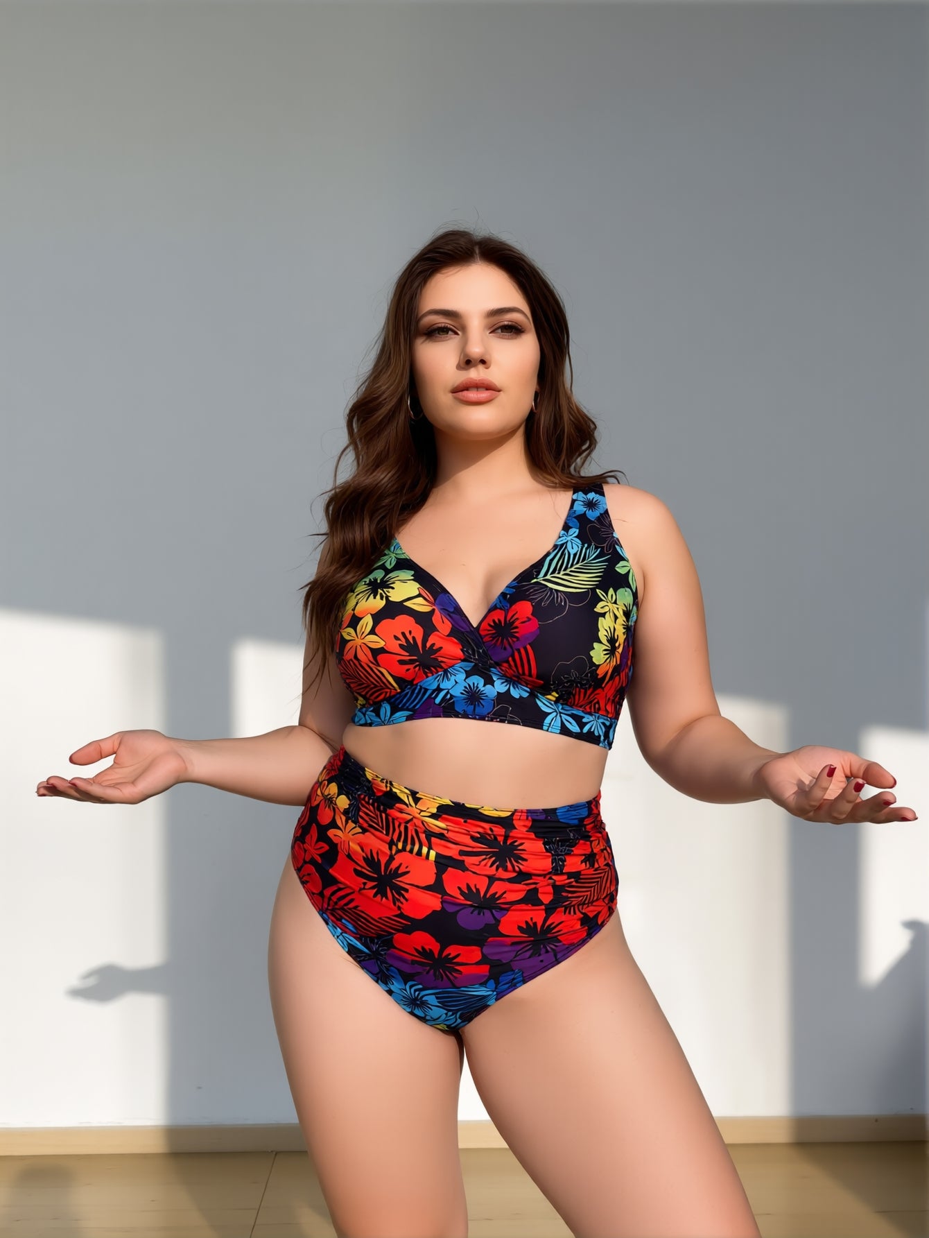 Women's Sexy V Neck Bikini Sets Hollow Out Two Piece Swimsuits Cutout Mid Waist Bathing Suit