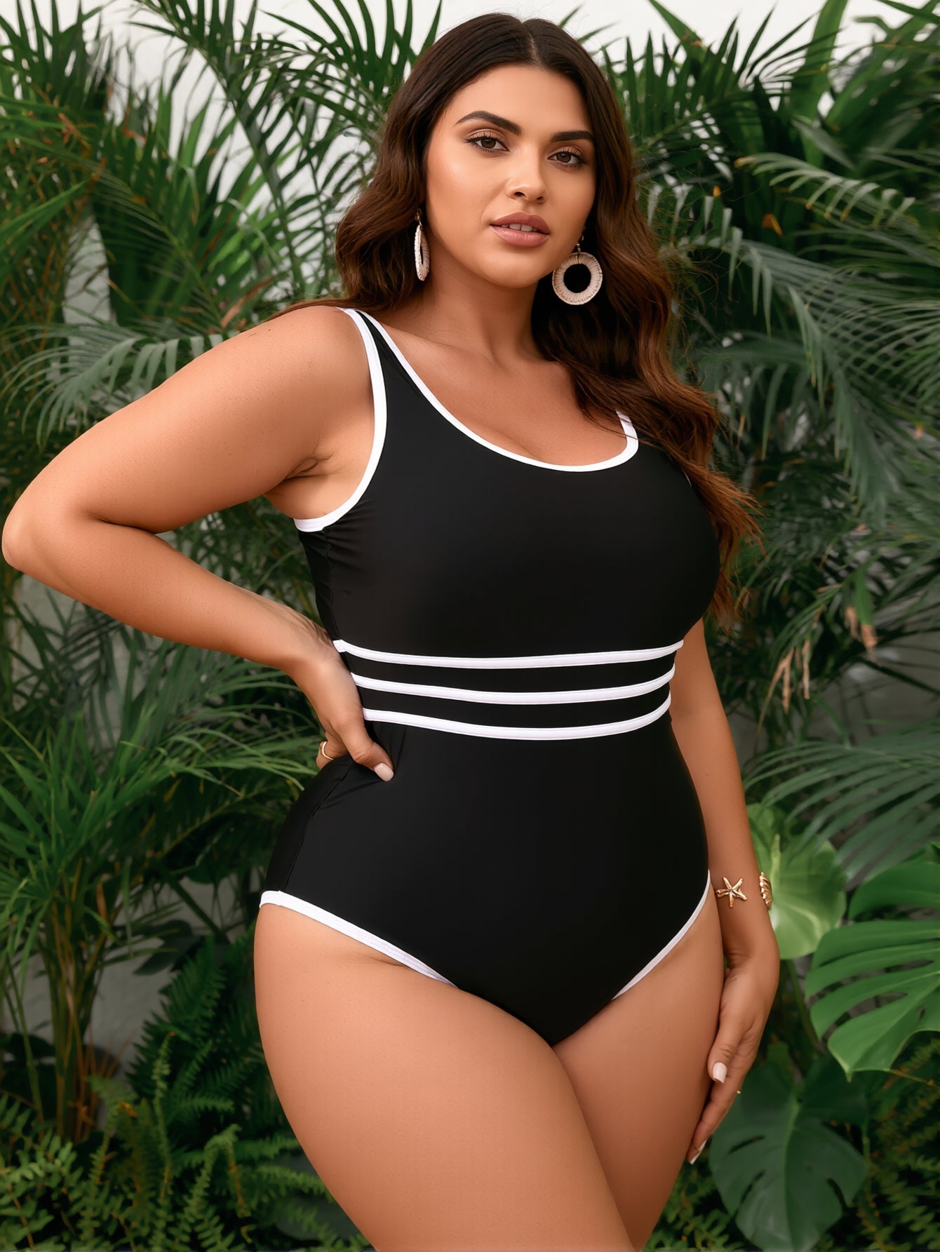 Plus size Women's One Piece Swimsuit Sports Adjustable Strap Bathing Suit Color Block Ribbed High Cut Swimsuits