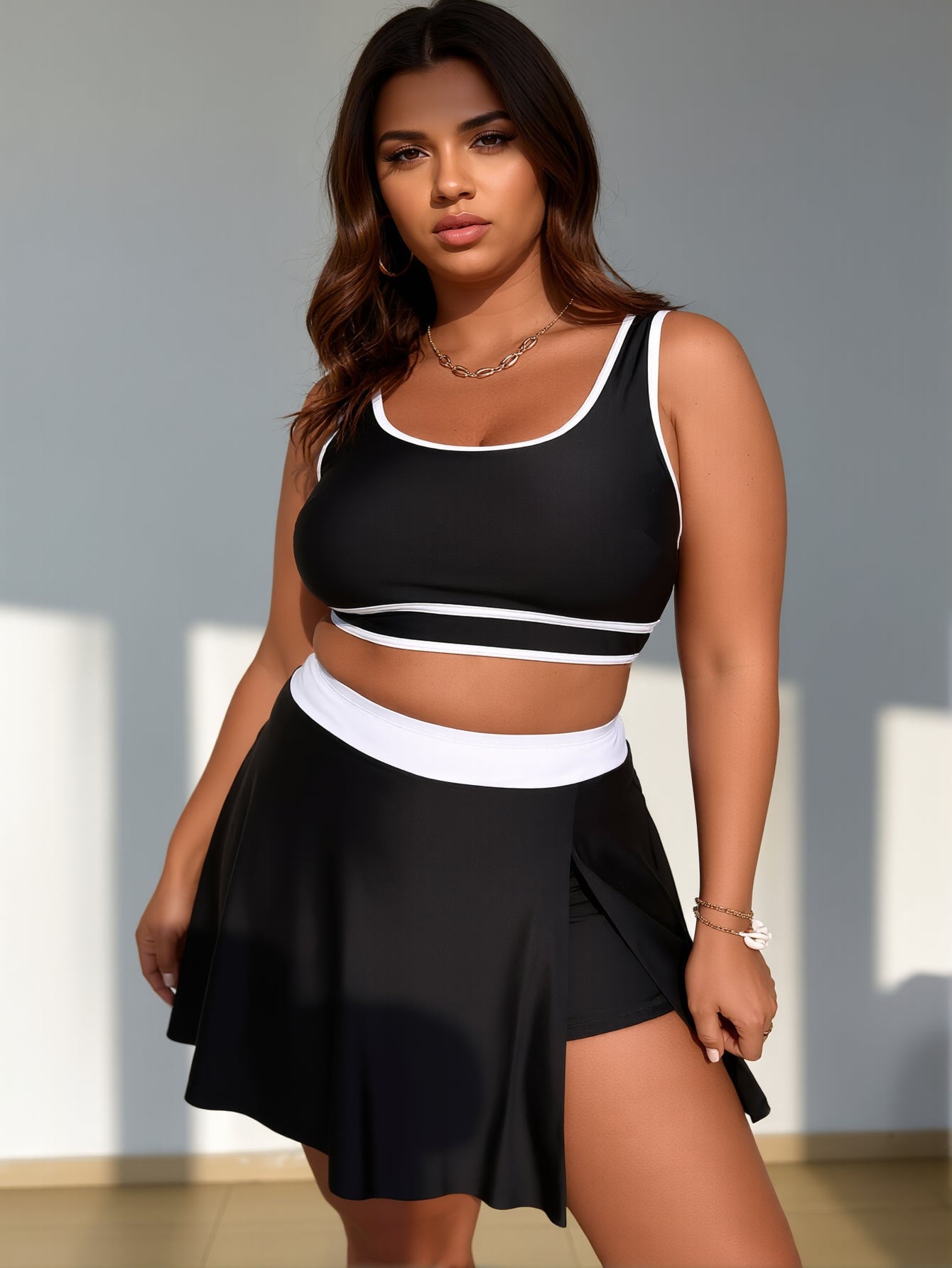Women's High Waisted Bikini Sets Tummy Control Swim Skirt Two Piece Swim Suit Tummy Control Color Block Bathing Suit