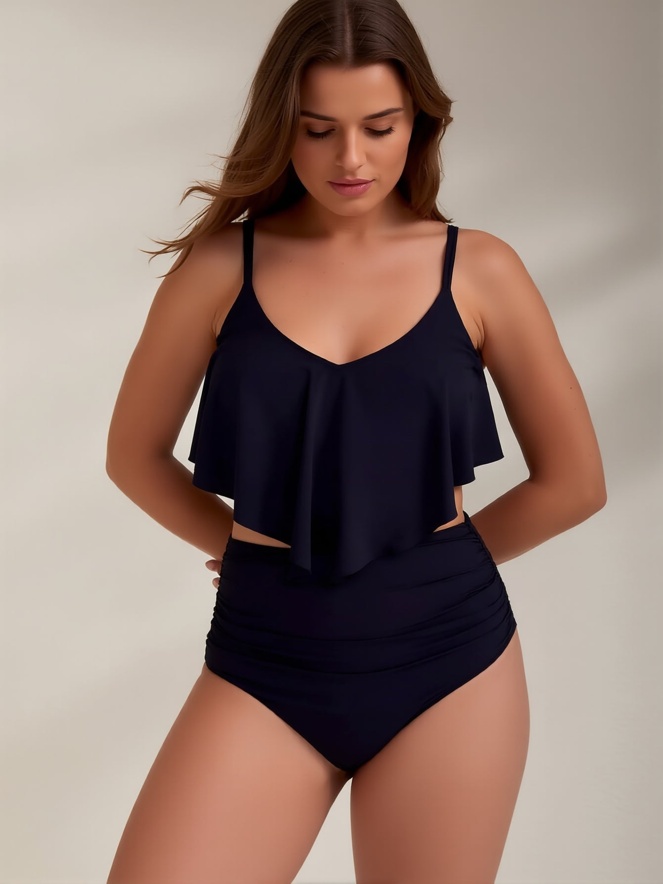 High Waisted Tankini Swimsuits for Women Two Piece Bathing Suit Ruffle Tie Back Swim Top with Tummy Control Bottom