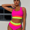 Women's High Waisted Bikini Ribbed Two Piece Swimsuit High Cut Color Block Adjustable Straps Bathing Suit