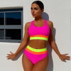 Women's High Waisted Bikini Ribbed Two Piece Swimsuit High Cut Color Block Adjustable Straps Bathing Suit