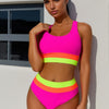 Women's High Waisted Bikini Ribbed Two Piece Swimsuit High Cut Color Block Adjustable Straps Bathing Suit