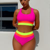 Women's High Waisted Bikini Ribbed Two Piece Swimsuit High Cut Color Block Adjustable Straps Bathing Suit