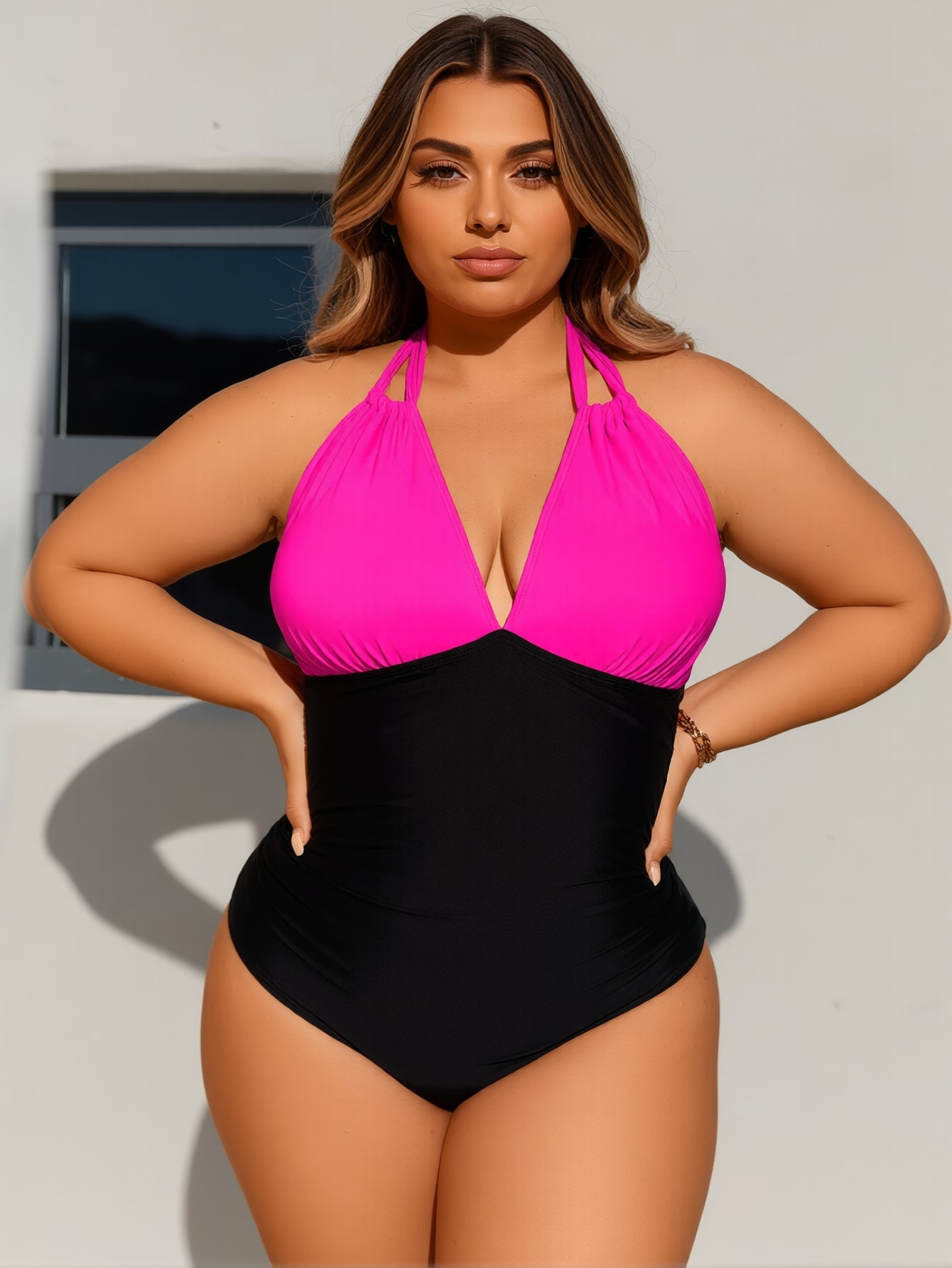 PLUS SIZE Bathing Suit for Women Slimming Push Up One Piece Swimsuit Lace Up Back Color Block Swimwear