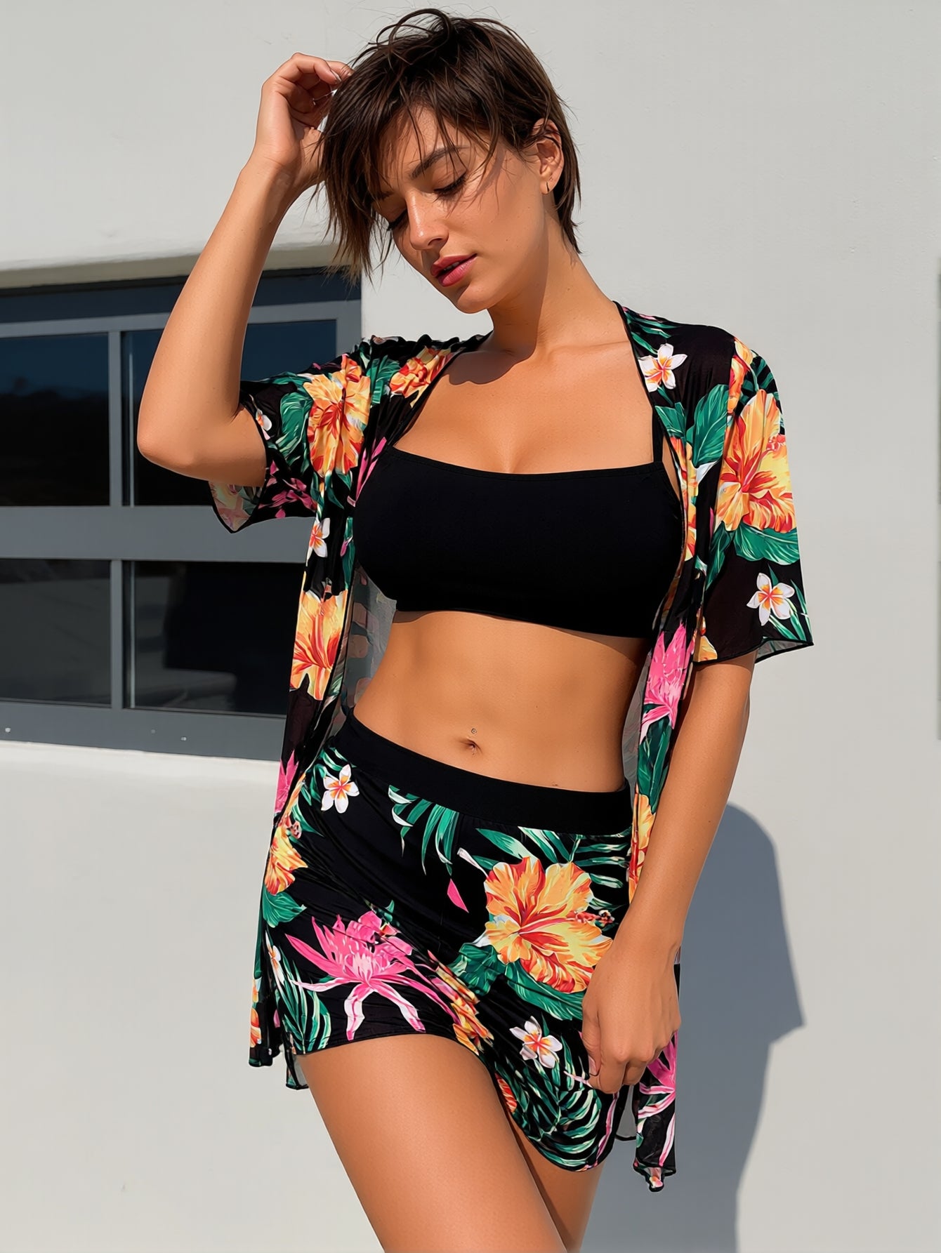 Womens 3 Pieces Bikini Set Swimsuit Tropical Beach Cover up Kimono Swimwear Bathing Suit with Boy Shorts
