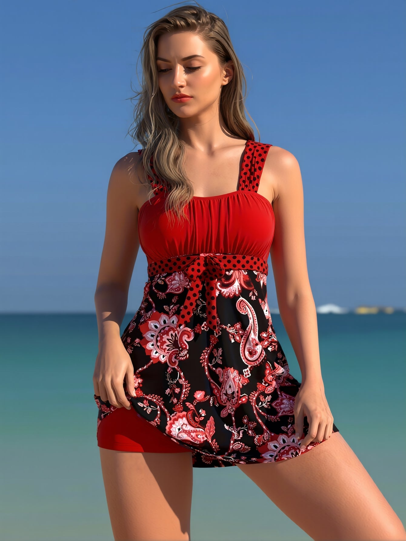 Women's Tankini Bathing Suits Two-Piece Tummy Control Swim Dress High Waist Printing Padded Swimsuits with Boyshorts