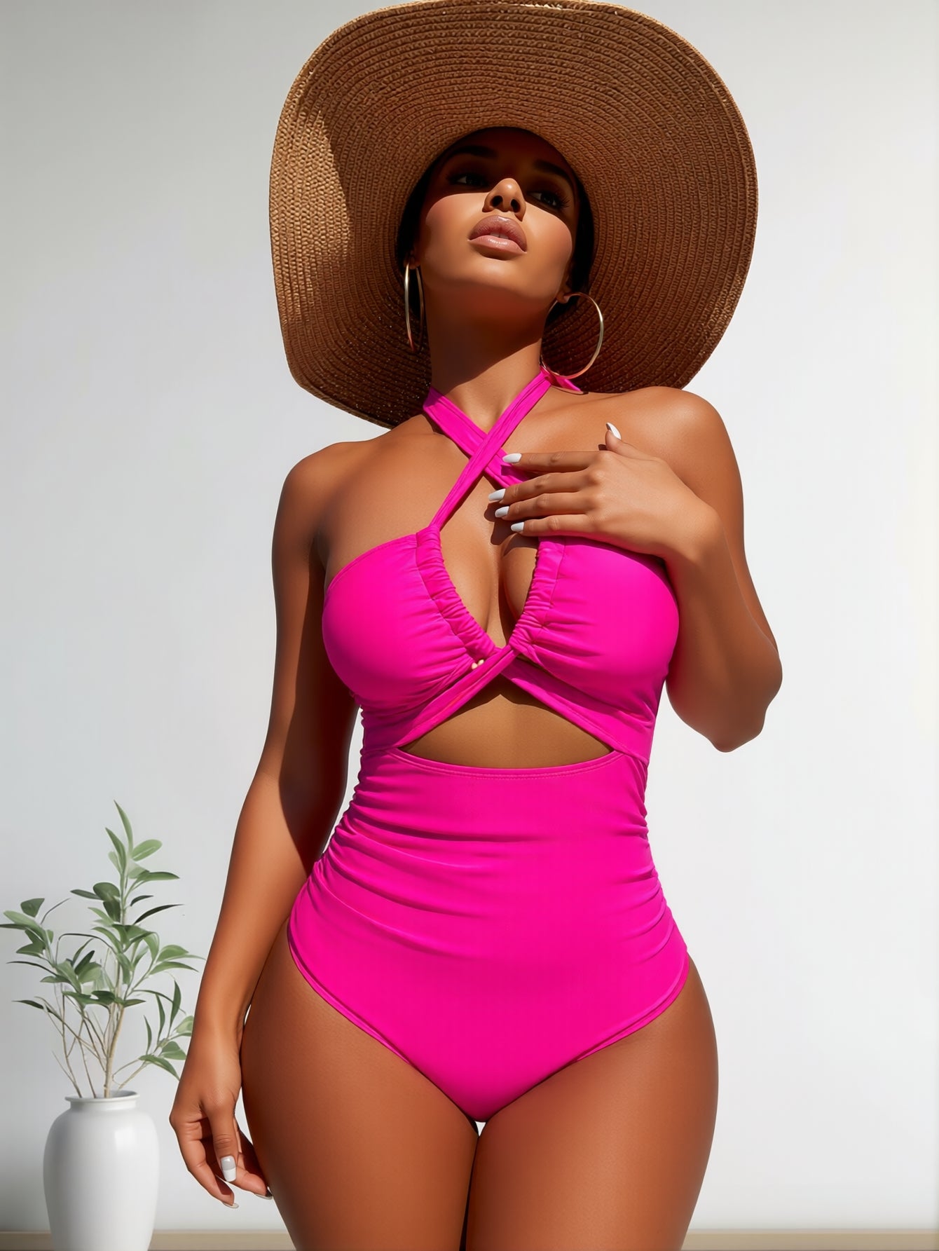 Women's Bikini Sets Two Piece Swimsuit High Waisted V Neck Twist Front Adjustable Spaghetti Straps Bathing Suit
