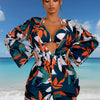 3 Piece Swimsuits for Women Sexy Leaf Print Bikini Set Mesh Cover Up Tropical Swimsuits