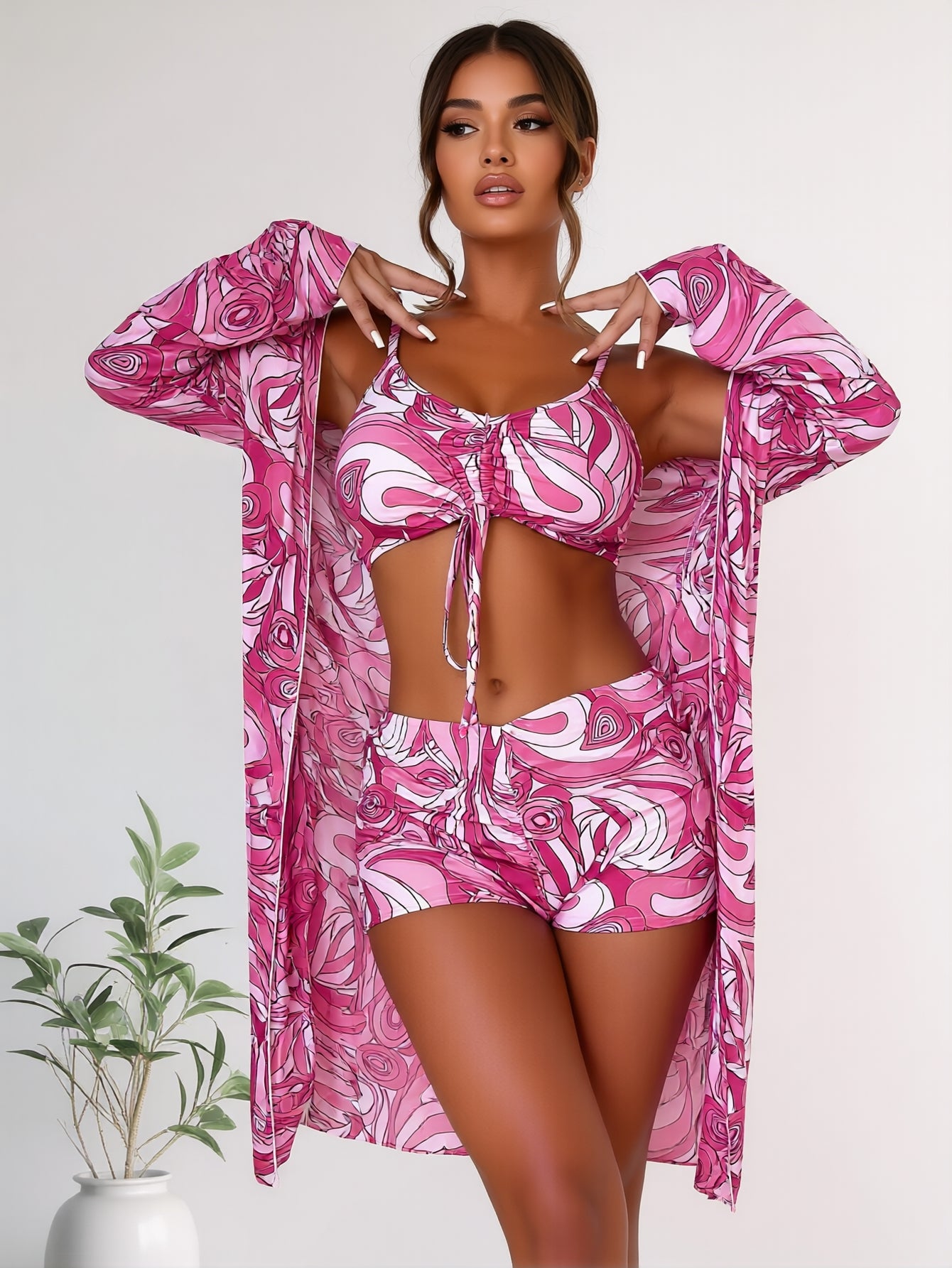 Womens 3 Pieces Bikini Set Swimsuit Tropical Beach Cover up Kimono Swimwear Bathing Suit with Boy Shorts