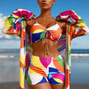 Womens 3 Pieces Bikini Set Swimsuit Tropical Beach Cover up Kimono Swimwear Bathing Suit with Boy Shorts