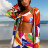 Womens 3 Pieces Bikini Set Swimsuit Tropical Beach Cover up Kimono Swimwear Bathing Suit with Boy Shorts
