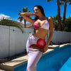 Womens 3pcs Swimsuit Floral Halter Triangle Bikini Top Tie Side Bottom with Long Sheer Cover Up Skirt