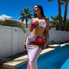 Womens 3pcs Swimsuit Floral Halter Triangle Bikini Top Tie Side Bottom with Long Sheer Cover Up Skirt
