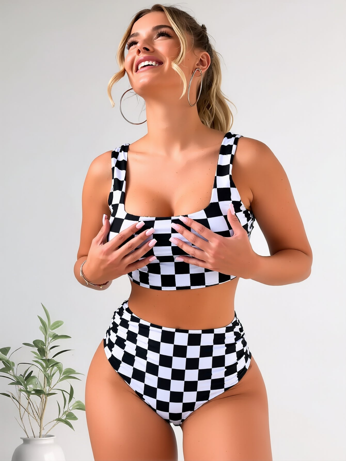 Women High Waisted Bikini Sets Color Block Summer Beach Vacation 2 Piece Bathing Suit Tummy Control Swimsuit