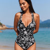 Women's One Piece Swimsuit Tummy Control Deep V Neck Double Straps Crisscross Back Tie Bathing Suit