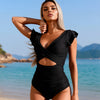 One Piece Swimsuit for Women Tummy Control Ruffle Bathing Suit V Neck Ruched Swim Suit Slimming Cutout Swimwear