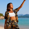 Women's Tropical Bikini Set High Waisted Boyshorts 3 Piece Swimsuits with Kimono Cover Up