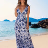 Blue and White V Neck Lace Up Strip Plant Prints One Piece Swimsuit and Skirt/Sarong