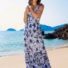 Blue and White V Neck Lace Up Strip Plant Prints One Piece Swimsuit and Skirt/Sarong