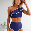 Women's One Shoulder Bikini Sets Color Block Trim Ruffle Hem Swimsuits Elegant Bathing Suits