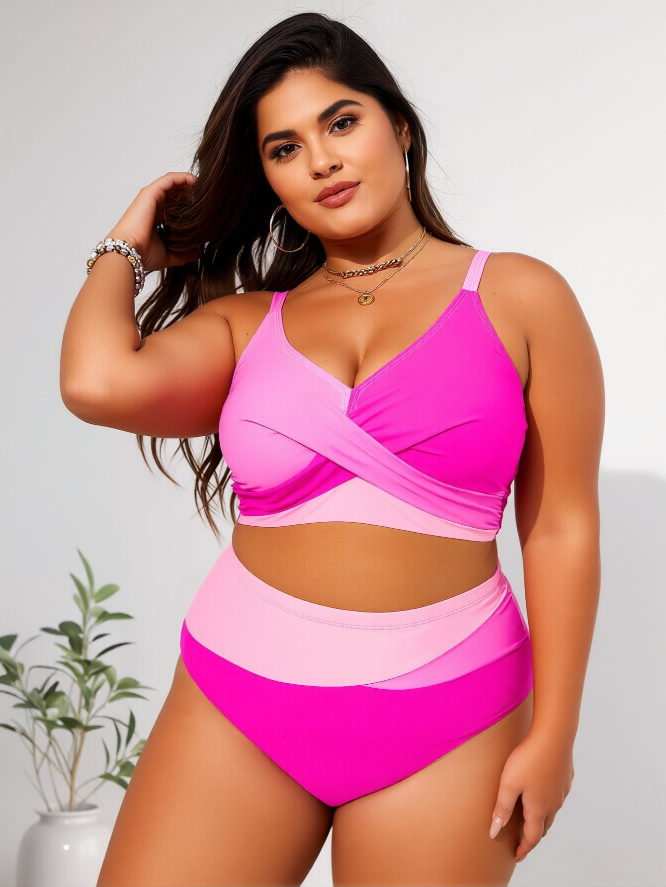 PLUS SIZE Women's Bikini Sets Two Piece Swimsuit High Waisted V Neck Twist Front Adjustable Spaghetti Straps Bathing Suit