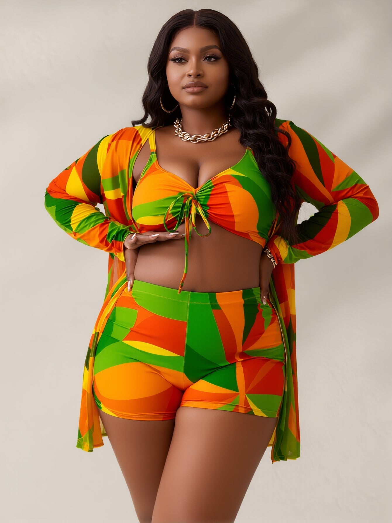 Womens 3 Pieces Bikini Set Swimsuit Tropical Beach Cover up Kimono Swimwear Bathing Suit with Boy Shorts