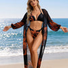 Womens 3pcs Swimsuit Floral Halter Triangle Bikini Top Tie Side Bottom with Long Sheer Cover Up Skirt