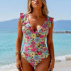 Women's Ruffled One Piece Swimsuit V Neck Lace Up
